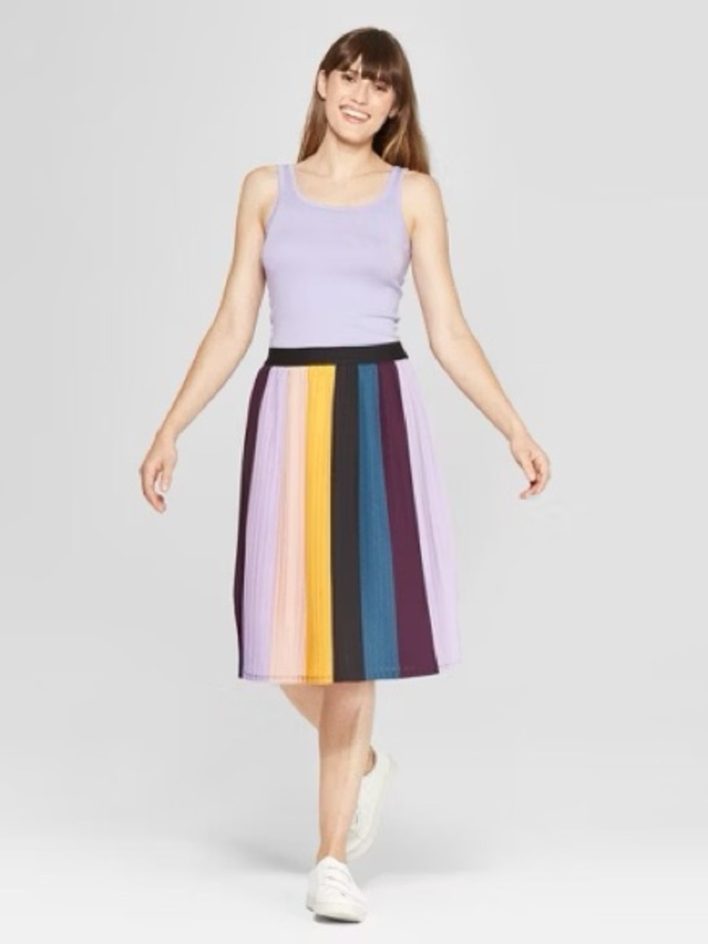 A New Day Pleated Midi Skirt with Multi-Color Vertical Panels -